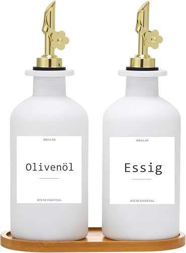 BIKALAN Essig und Ölflaschen Set, 350ml x 2 Ölflasche, Olivenöl Flasche Set, Ölspender, Automatisches Öffnen und Schließen Olivenöl Flasche, mit 22 Aufkleber, Trichter (Gold, 350ml)
