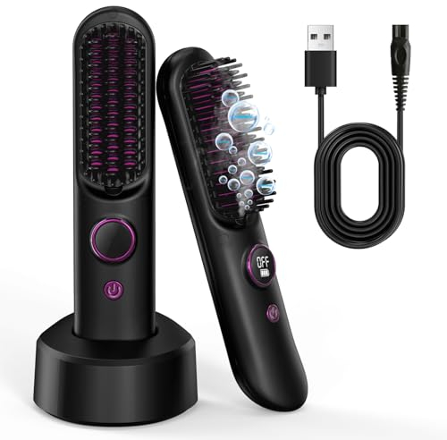 Haarglätter Bürste Kabelloser, Mini Glättungsbürste mit Negativen Ionen/ 120-200℃/ LCD Bildschirm, Tragbare Kabelloser Haarglätter Kamm für Re Geeignet für reisende Damen (Schwarz)
