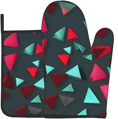 Set di due pezzi da cucina con motivo triangolare, guanti da forno e presine