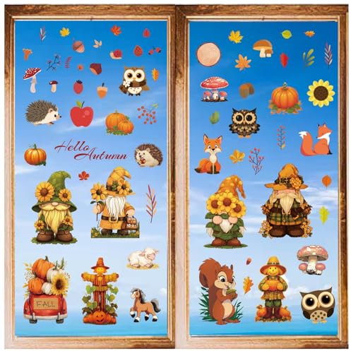 CRASPIRE 8 Blatt Herbst Wandaufkleber Wichtel Eichhörnchen Fuchs Fensteraufkleber Wandaufkleber Abziehen Und Aufkleben Vinyl PVC Wasserfest Selbstklebend Dekor Für Schlafzimmer Wohnzimmer Bad Wohnheim
