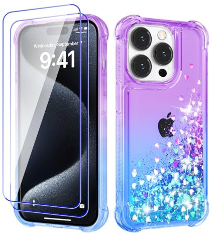 Pilaru Lovely for iPhone 15 Pro Max Case [2 Screen Protector] Clear Liquid Heart Glitter Soft TPU Cover Transparent Girly Shockproof Protective Phone Case for iPhone 15 Pro Max,Purple/Teal