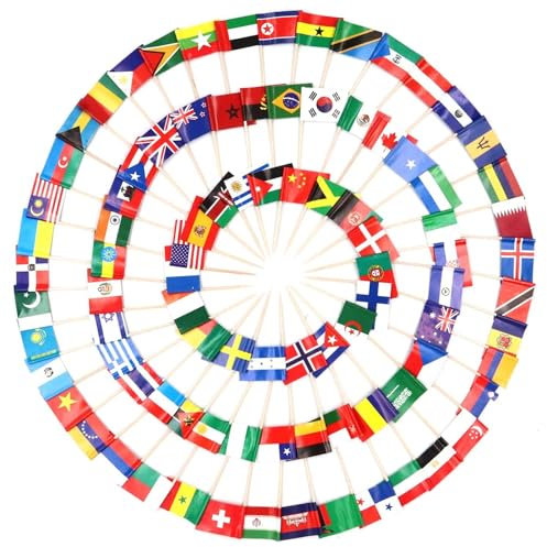 YXHZVON 200 Stück Cocktail Stick Flaggen, Verschieden Länder Flagge Zahnstocher, Gemischte Flagge Zahnstocher Flaggenpicker für Partydeko Food Cake Obst Sandwich Party Pub Deko(Zufällige Stile)