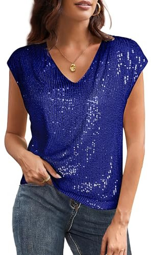 GRACE KARIN Women’s Sequin Top Winter Xmas Short Sleeve V-Neck Sequin Glitter Shirt Casual Classic Blouses for Women UK XL Size 18 Blue