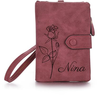 OTXIXTO Portefeuille Cuir Personnalisés pour Femme Nom Fleur de Naissance Portefeuille avec Zippé Porte-Monnaie avec Courroie de Poignet Mesdames Portefeuille pour Petite Amie Épouse Maman - Rouge