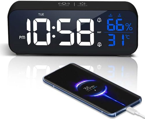 OWYELO Sveglia da Comodino con Temperatura, Sveglia Digitale da Comodino con LED Grande Schermo, Sveglia Digitale con Modalità e luminosità Regolabili, Snooze, Cavo USB, 12/24, Doppio Allarme