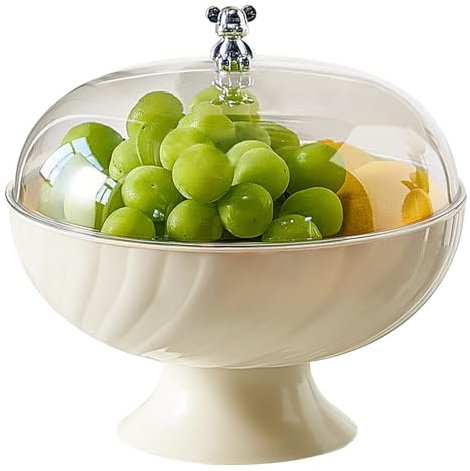 Fruit Bowls with Lid, 9.7x9.5 Inch Large Fruit Basket, Clear Fruit Basket with Draining Holes, Decorative Pedestal Bowl for Kitchen Counter, Vegetable Breads Snacks, Cream White