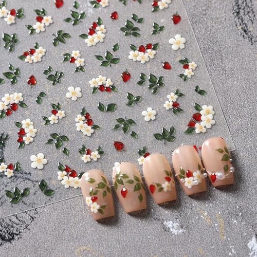 JMEOWIO 3D Embossed Flower Strawberry Nail Art Stickers Decals Self-Adhesive 5D Nail Supplies Nail Art Design Decoration Accessories 1 Sheets
