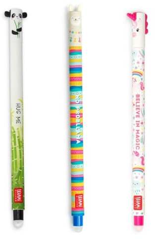LEGAMI - 3er Set Gel-Radierstifte, Adorable, Stifte mit radierbarer Tinte, Einhorn, Panda und Lama Radierbar ohne Blatt zu verbrauchen, 0,7 mm Spitze