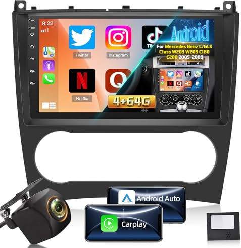 Android 4G+64G Autoradio für Mercedes Benz C/GLK Klasse W203 W209 C180 C200 2005-2009, 9 Zoll Touchscreen Radio mit Wireless Carplay & Android Auto/Bluetooth 5.0/WiFi/GPS/32EQ