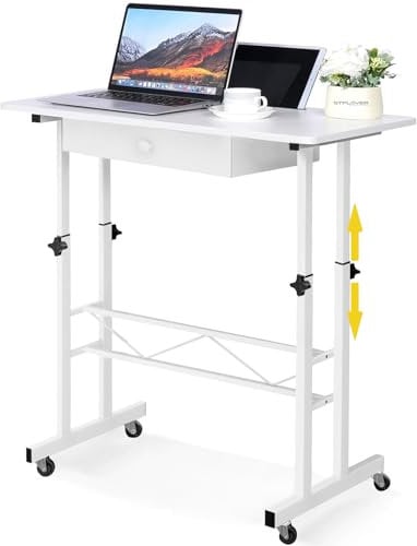 GTPLAYER Standing Desk Height Adjustable 80×50cm, Mobile Small Portable Computer Office Desks with Wheels, Tablet Slot and Smart Storage, Manual Sit Stand Table for Home Office White
