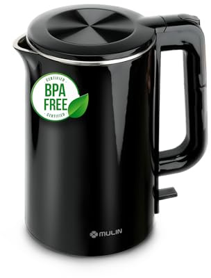 MULIN Bollitore Elettrico, 2200W,Capacità 1,7L, Ebollizione Rapida, Base Girevole a 360°, Luminosa LED,ndicatore in Tazze,Acciaio Inossidabile, NERO