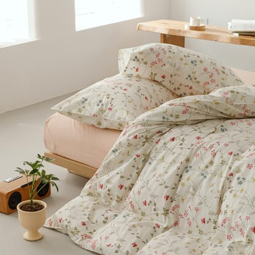 Luowei Mädchen Blumen Bettwäsche 220x240 cm Baumwolle Beige Weich Aesthetic Bettbezug Sommer Bunt Blumen Muster 100% Baumwolle Bettwäsche 3-teiliges Set mit Reißverschluss und 2 Kissenbezug 80x80cm