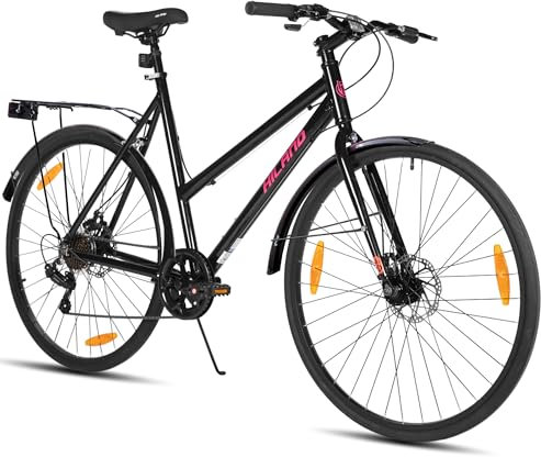 HILAND 28 Zoll Aluminium Rennrad, 7-Gang Schaltung Pendlerfahrrad mit Scheibenbremsen, 700C Komfortabler Stadt für Männer Frauen, Schwarz