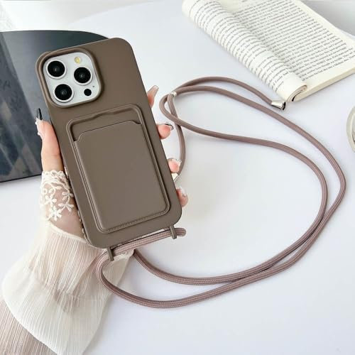 GXZJFC Umhängetasche mit Halskette und Lanyard für iPhone 16 15 14 Plus 13 12 11 Pro Max, Silikon-Kartenhalter, Brieftaschenhülle, Milchtee, für iPhone 15ProMax