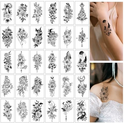 SanKristo 30 PCS Tatouages Temporaires pour Femme Homme 3D Tatouages de fleurs colorées pour les mains, les bras et les jambes Faux tatouages imperméables pour adultes.