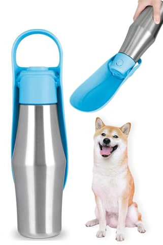 Gourde pour Chien Promenade 750 ML, Gourde Chien Isotherme Acier Inoxydable 304, Bouteille Eau Chiens avec Bol d’Eau de Voyage Portable, Parfaite pour Promenades avec Votre Chiens (Bleu, A)