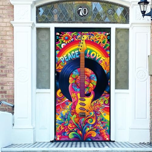 arricraft 1 Stück Türabdeckung Aus Polyester Im Retro Boho Stil Peace Love Und Gitarren Hintergrund Banner Türschild Veranda Fotografie Hintergrund Für Drinnen Veranda Heimdekorationszubehör