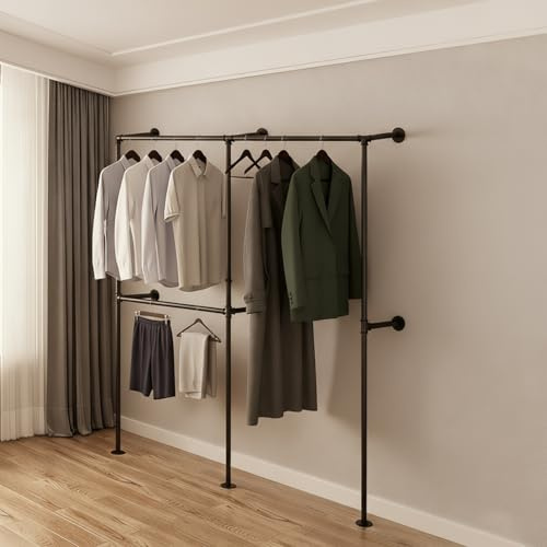 Gemsaya Offener Kleiderstange Wandmontage 300kg Traglast, Begehbarer Kleiderschrank mit 3 Kleiderstangen, 210cm x 180cm Industrial Kleiderschrank oder Kleiderständer Schwarz aus Metall Wasserrohren