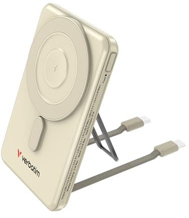 Verbatim Charge 'n' Go MagSafe Power Bank 5000 mAh [Gold] 15 W Magnetic - PD 20 W Quick Charge Function, LED Display & Foldable Stand for iPhone 17/16/15/14/13/12 Pro/Pro Max - Includes Two USB-C