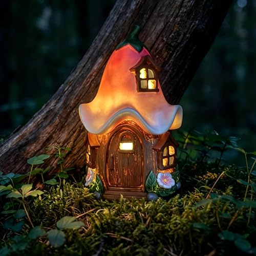 Lune cle Solar Fairy Garden House, 6.6-Inch Hand-Painted Resin Yard Decor | Auto-On Warm Light; Weather-Resistant Finish; Charming Gift for Mom & Garden Lovers; Balcony, Patio, Flower Bed & Yard Accent