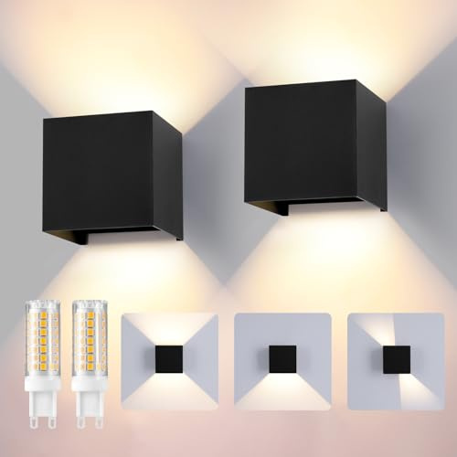 YCZM LED Wandleuchte Aussen/Innen, 2 Stücke Wandlampe Aussen mit Austauschbarer G9 Wasserdicht IP65 Außenleuchte,3000K Aluminium Außenlampe Einstellbar Abstrahlwinkel,Up Down Wandbeleuchtung Schwarz