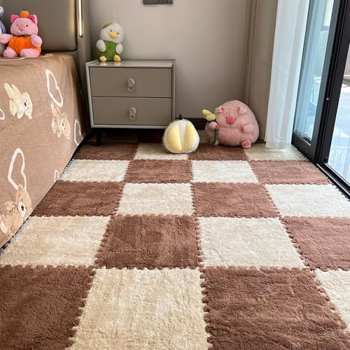 10 Stück Puzzlematte Baby, Plüsch-Puzzle-Schaumstoffmatte,Mit Rand, Rutschfester Teppich, Mehrfarbiger Ineinandergreifender Spielmatten für den Raumboden (1 cm,Apricot + Kaffee)