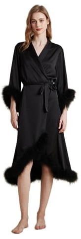 Lkvent ladies dressing gowns Robe With Feather Trim Satin Bell Sleeves Wedding Dressing Gown Long Loose Stylish Sexy Sleepwear bath robes(Nero)