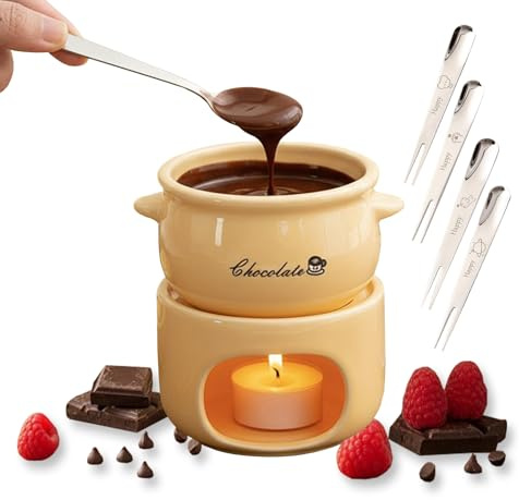 OFFAXE Schokofondue Tasse, Fondue Tasse, Mini Schokofondue mit 4 Fondue Forks Porcelain Chocolate Fondue Set Geeignet zum Schmelzen von Schokolade und passt hervorragend zu Fruchtkeksen