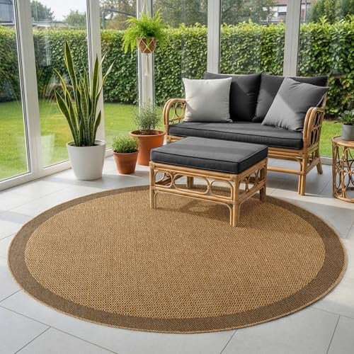 SIMPEX Outdoor Teppich Rund 80 cm Wetterfest Pflegeleicht Jute Natur Optik Bordüre Design für Balkon Küche Flur Indoor Outdoor