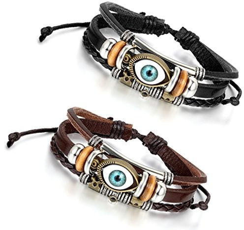 Flongo Lederarmband Männer Armband Frauen Armreif Freundschaftsarmbänder BFF Armbänder für 2 Kordelkette Schwarz Braun Silber Böse Teufel Auge Evil Eye