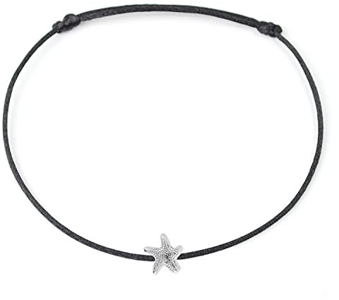 Selfmade Jewelry Bracelets de cheville en ruban de satin noir étoile de mer en argent faits à la main (argent noir) (taille ajustable)