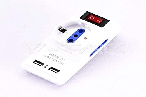 V-TAC Steckdosenadapter 3-fach zweipolig/Schuko-Stecker und italienischer Standardsteckdose/Bypass mit 2 USB-Steckdosen und Lichtschalter - SKU 8830