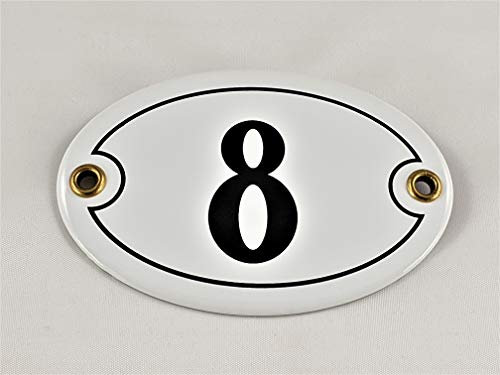 Emaille Hausnummer Schild Nr. 8, oval, Weiß-Schwarz Handarbeit