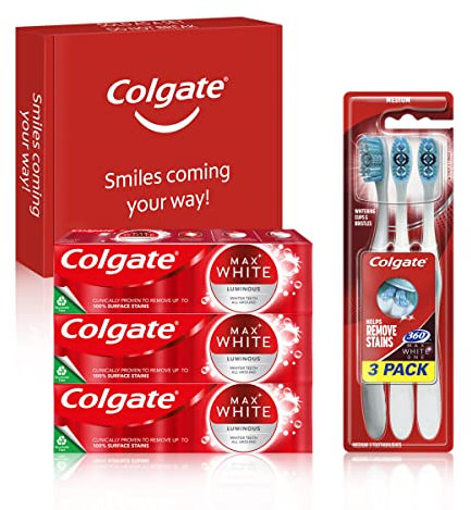 Colgate Max White Luminous Teeth Whitening Toothpaste & Toothbrush Bundle Kit, 3x75ml Toothpaste Multipack & 3 Pack Toothbrush