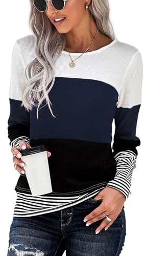 FANGJIN Pull Femme Tunique Hiver Automne Rayé Vetement Femme Solde Tee Shirt Sweat Femme Pulls Gilets Sweats Chemise Col Rond Mode Marque Grande Taille Chaud Long Laine Bleu Marine XL 44 46