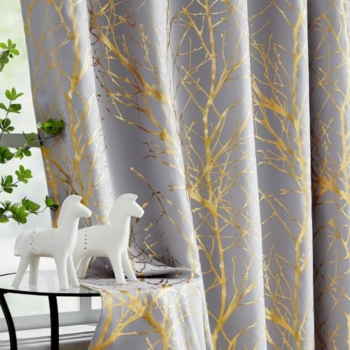 FMFUNCTEX 100% Verdunkelungsvorhänge für Schlafzimmer, 137 cm Länge, Gold auf Grau, Baumvorhänge für Wohnzimmer, Goldfolie, Raumverdunkelung, wärmeisolierter Zweigvorhang, 2 Paneele mit Ösen Oben