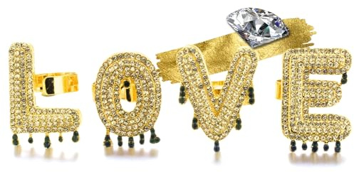 Halukakah 18 Karat Echtgold/Platin Weißgold Vergoldet Initiale Blasenbuchstaben Ring für Damen und Herren - Größenverstellbar - Geclusterter Strassstein Buchstabe Wassertropfen - für Ihre Lieben