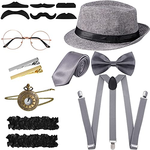 Blulu 1920er Jahre Roaring Retro Alter Mann Kostüm für Erwachsene Zubehör Set Gangster Hut Krawatte Taschenuhr Hosenträger Brille Bart Krawattenklammer (Grau, Einfacher Stil)