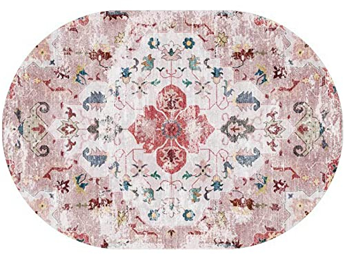 Rururug Teppich Oval Moderner Läufer Orientteppich Kurzflor Flur Schlafzimmer Küche Wohnzimmer rutschfest Waschbar, rosa Florale Vintage-Grenze Oval 80 x 150 cm