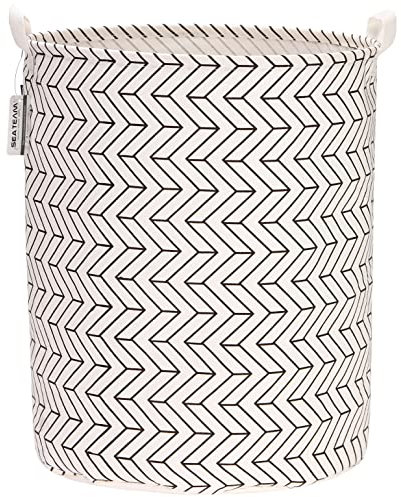 Sea Team 19.7 Inch Large Sized Waterproof Coating Ramie Cotton Fabric Folding Laundry Hamper Bucket Cylindric Burlap Canvas Storage Basket with Stylish Arrow Black B Design