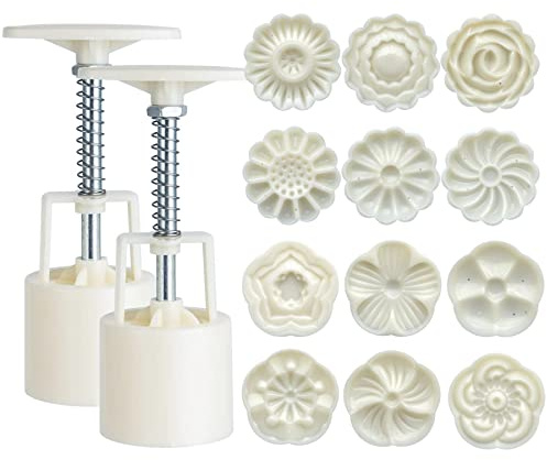 LIUDHPSP Moon Cake Mould Set,Includes12 pcs Sakura flower pattern base and 2 Pieces Bath Bombs Press,Mid Autumn Festival DIY Hand Press Cookie Stamps Pastry Tool Moon Cake Maker(50g) White L