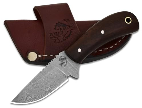 Knives Ranch 5.5 Handmade Damascus Steel EDC Knife, Full Tang Fixed Blade, Rosewood Handle - Horizontal Carry Genuine Leather Sheath - Belt Knife - Razor Sharp Compact Hunting & Utility Knife