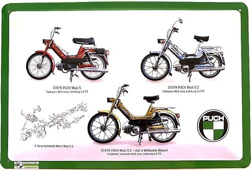 Blechschild 30 x 20 cm Puch Maxi mit Motorabbildung - das vergoldete 3 millionste Moped - DekoNo7
