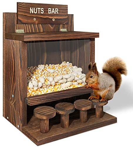 Carbonized Squirrel Feeder, Large Squirrel Feeders for Outside Funny Squrrill Nuts Bar, Durable Wooden Chipmunk House Box for Corn Peanuts…