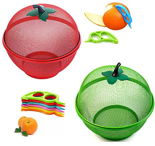 HK Online 1 RED & 1 Green Apple Mesh Fresh Fruits Basket & Ring Citrus Peeler, Fruit Bowl, Decorative Tablepiece -Keep Unwanted Pets, Bugs & Insects Out (1 RED & 1 Green)
