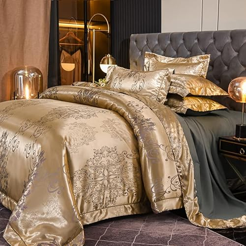 DXHOME Bettwäsche 200x200 Gold Satin Blumen Jacquard Seiden Glänzend Glitzer Bettwäsche Blumenmuster Stickerei Aesthetic Microfaser Barock Bettbezug mit Reißverschluss und 2 Kissenbezüge 80 x 80cm