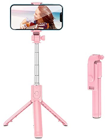 Phone Selfie Stick Tripod, Extendable Folding Flexible Phone Tripod with Wireless Remote, Rotating Base Battery Powered Portable Lightweight Phone Stand Tripod (Pink)