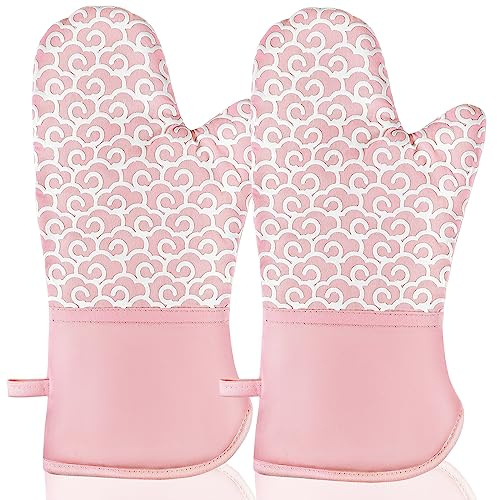 NAVITHOUS Extra lange Ofenhandschuhe, hochhitzebeständig, 500 Grad Ofenhandschuhe mit weichem Baumwollfutter und rutschfestem Silikon, perfekt zum Grillen, Backen, Kochen und Grillen (Rosa)