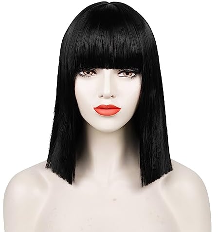 Kurze Schwarze Bob Perücke mit Knall, TOMIGO Kurze Glatt Schwarze Synthetische Bob Perücke für Fasching Fstnacht Karneval Halloween Kostüm Damen