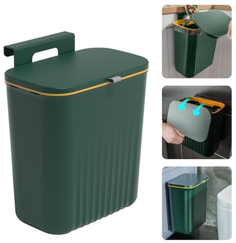 Accmuzzy Kitchen Bin, Under Kitchen Counter Bins with Lid,9L Food Waste Caddy Rubbish Dustbin Wall Mounted for Under Sink,Cupboard Door,Kitchen Cabinet,Camping,Bathroom,Bedroom (Green)